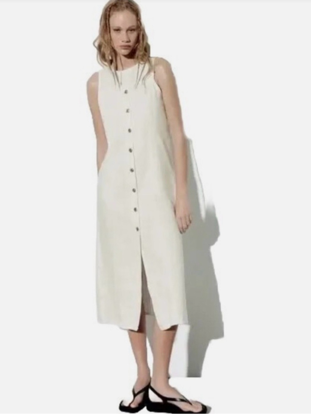 Zara Sleeveless Button-Front White Midi Dress , size M